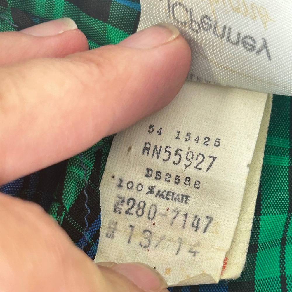 Vintage JCPenney Fashions Plaid Blouse Green Blue Ruffle Neck ILGWU USA 13/14 - Picture 2 of 9